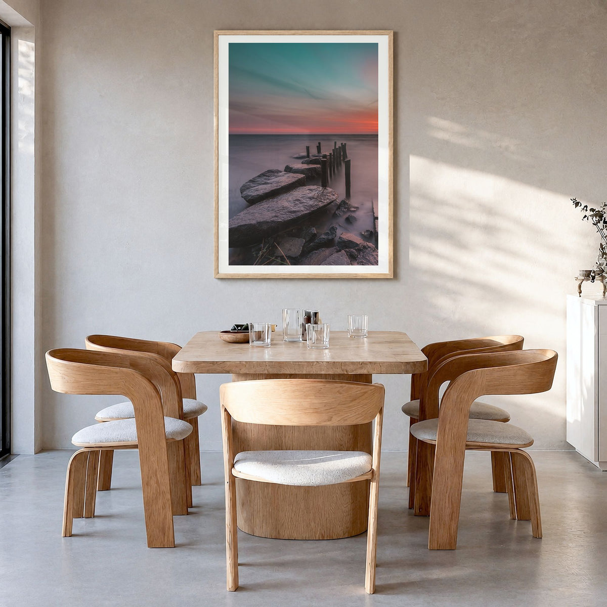 Stone Harbor Photo No 1 Poster in a natural wood frame, hanging in a dining room, white border