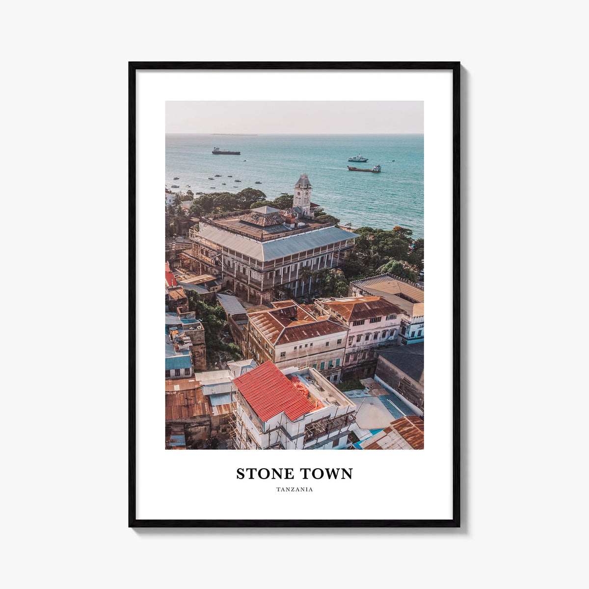 Stone Town colorful classic poster of Tanzania – vertical wall art, unframed print shown in interior mockup