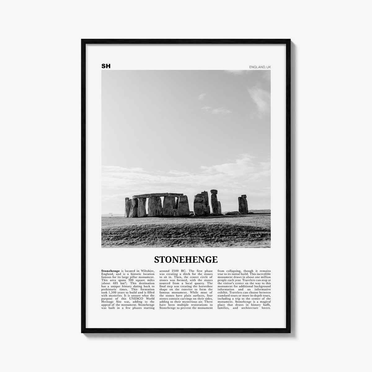 Stonehenge black & white newspaper poster of England, UK – vertical wall art, unframed print shown in interior mockup