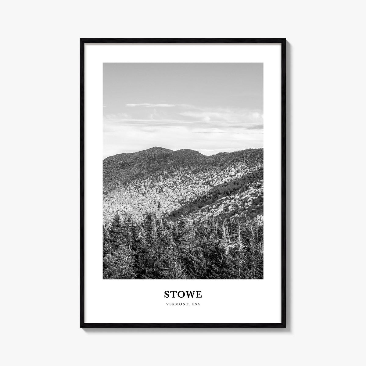 Stowe black & white classic poster of Vermont, USA – vertical wall art, unframed print shown in interior mockup