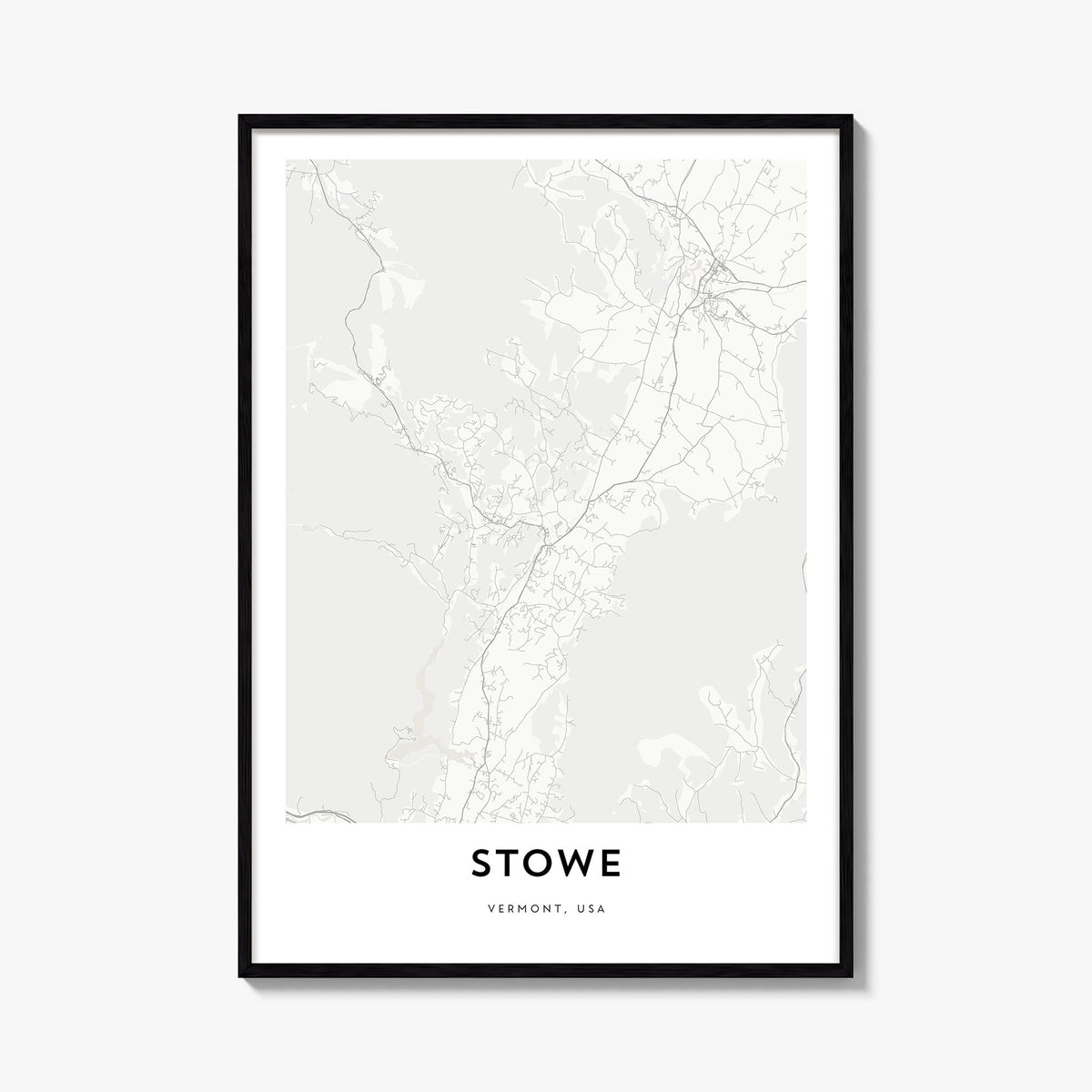 Stowe black & white map poster of Vermont, USA – vertical wall art, unframed print shown in interior mockup