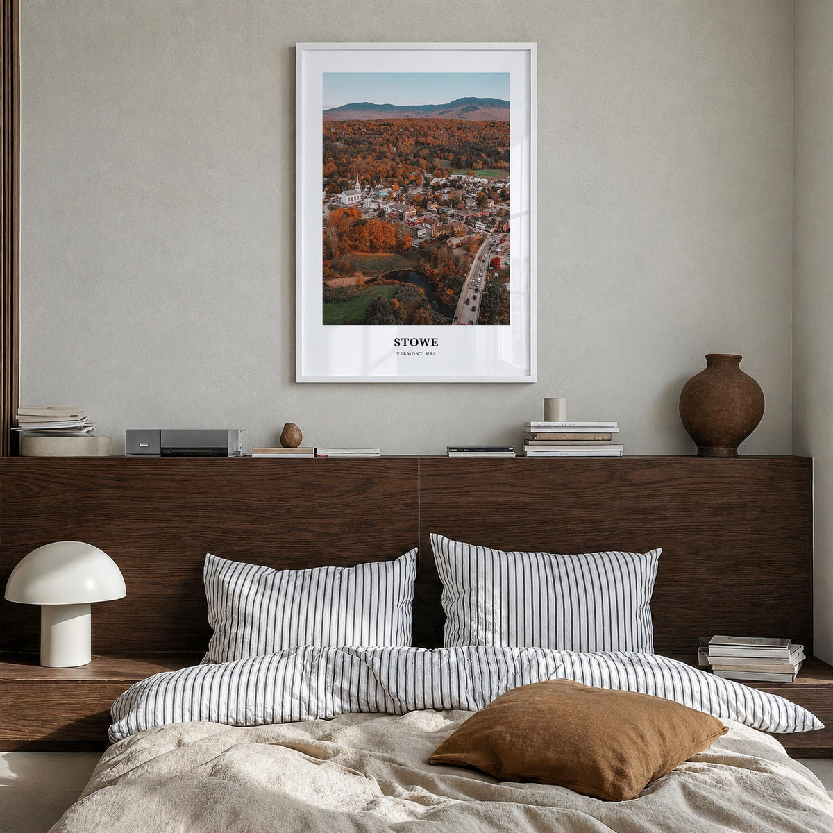 Stowe no. 1 colorful classic poster of Vermont, USA – vertical wall art in white wood frame, hanging on wall