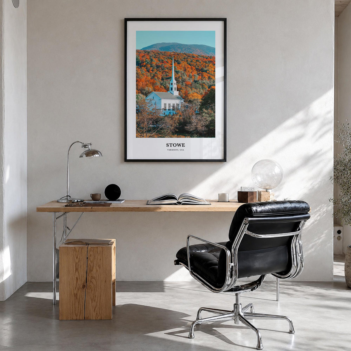 Stowe no. 2 colorful classic poster of Vermont, USA – vertical wall art in black wood frame, hanging on wall