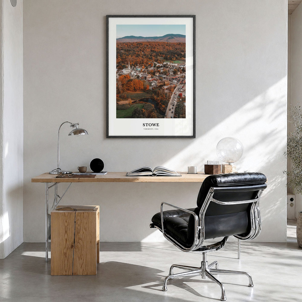 Stowe Classic No 1 Poster in a black wood frame, hanging in a bright home office