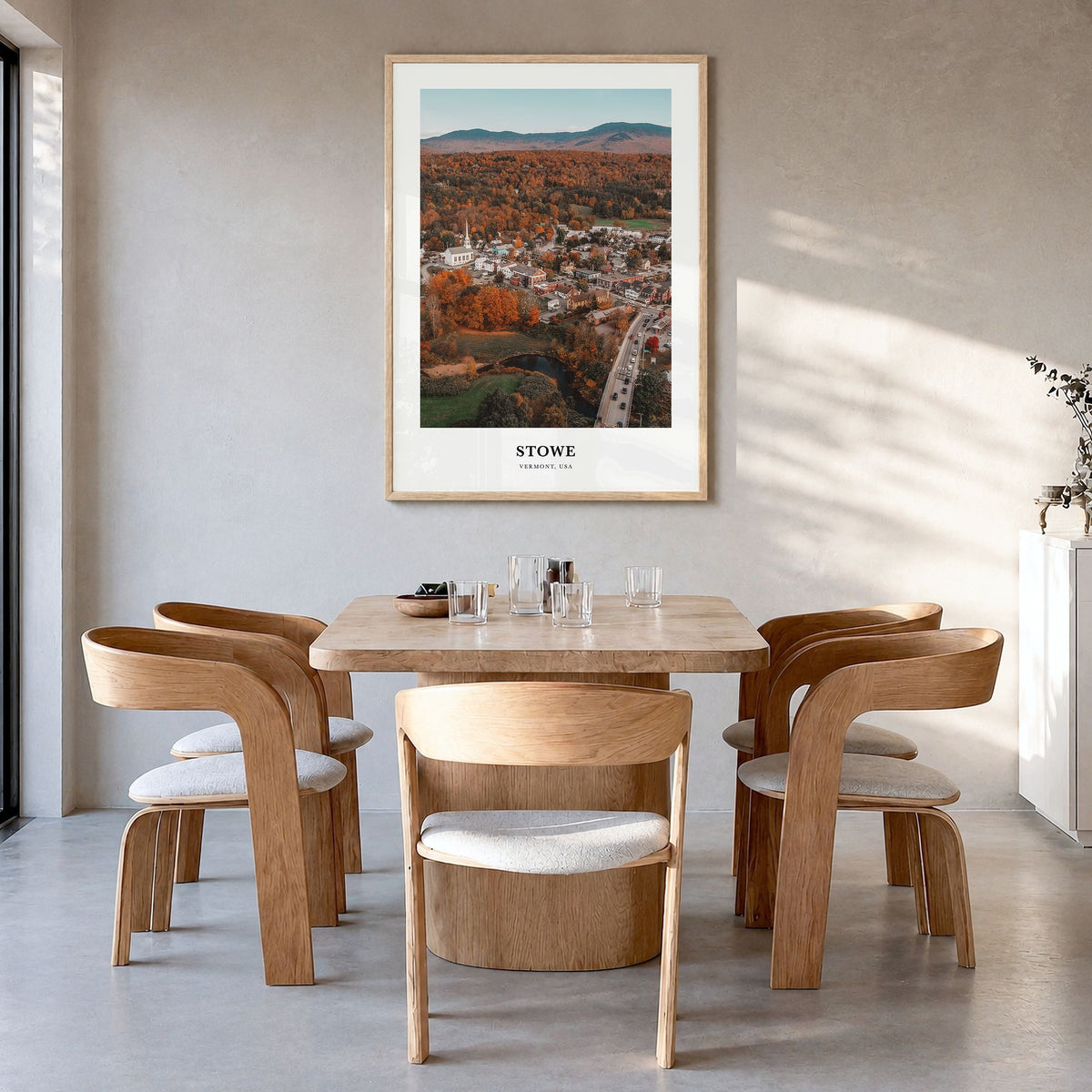Stowe Classic No 1 Poster in a natural wood frame, hanging in a dining room