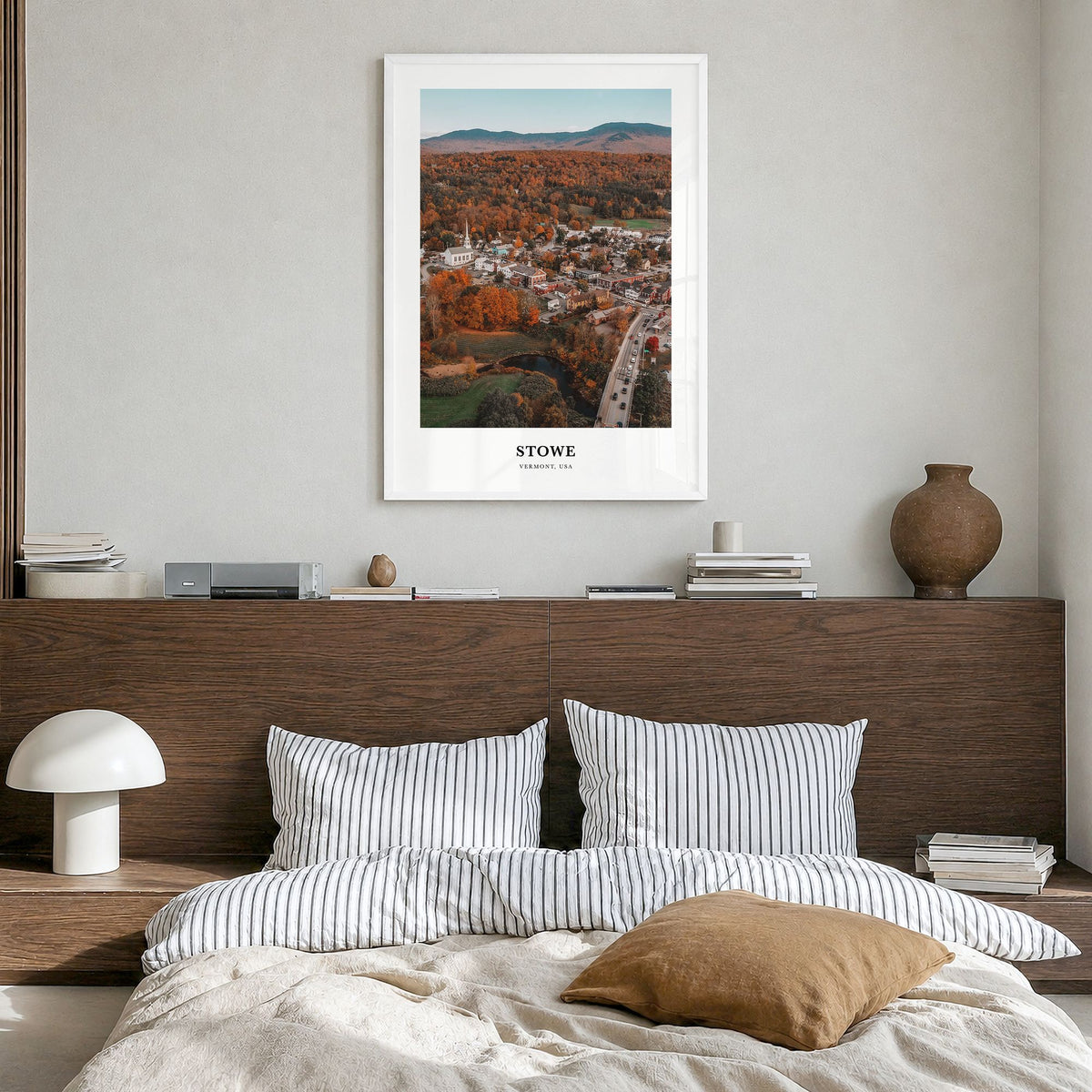Stowe Classic No 1 Poster in a white wood frame, hanging in a bedroom