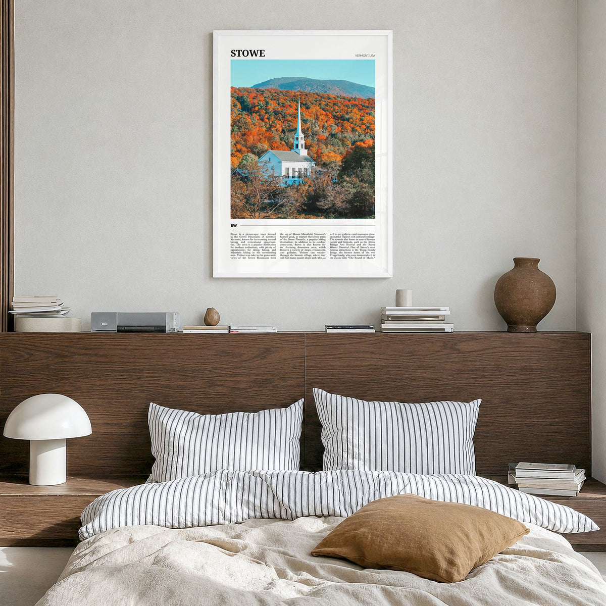 Stowe Travel No 2 Poster in a white wood frame, hanging in a bedroom