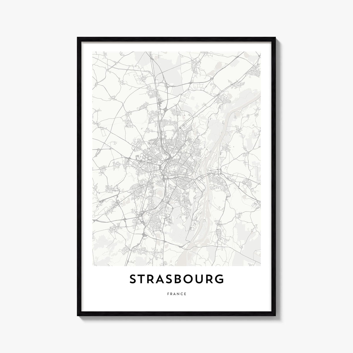 Strasbourg black & white map poster of France – vertical wall art, unframed print shown in interior mockup
