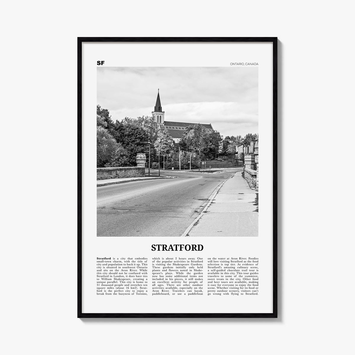 Stratford, Canada black & white newspaper poster of Canada – vertical wall art, unframed print shown in interior mockup