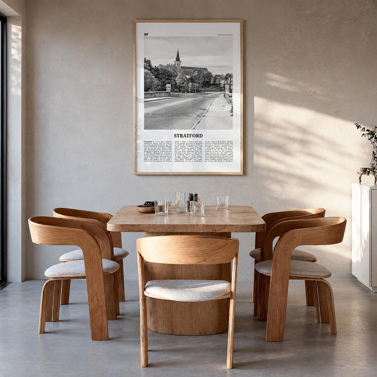 Stratford, Canada black & white newspaper poster of Canada – vertical wall art in natural wood frame, hanging on wall