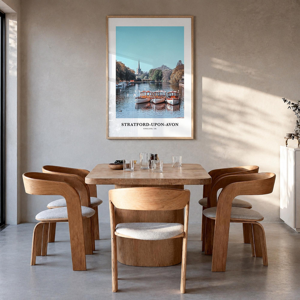 Stratford-upon-Avon colorful classic poster of England, UK – vertical wall art in natural wood frame, hanging on wall