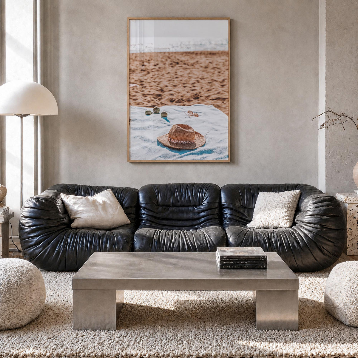 Straw Hat Beach colorful photo poster – vertical wall art in natural wood frame, hanging on wall