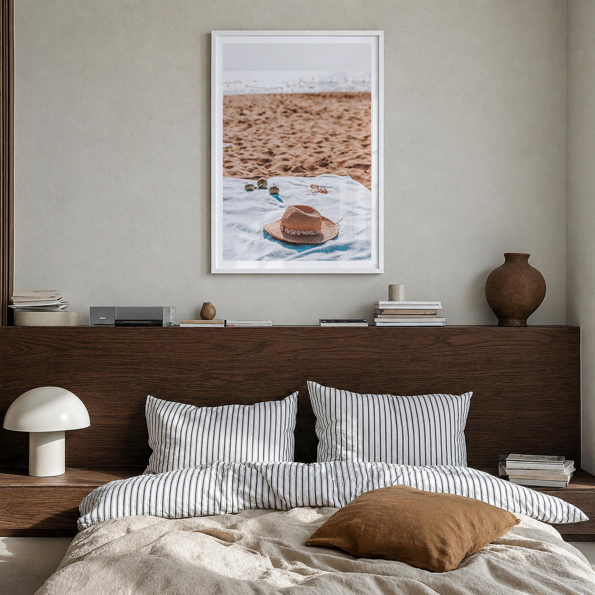 Straw Hat Beach colorful photo poster – vertical wall art in white wood frame with white border, hanging on wall