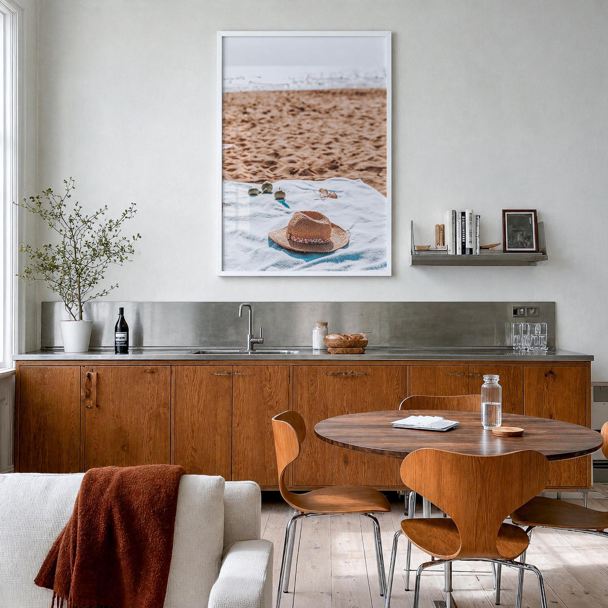 Straw Hat Beach colorful photo poster – vertical wall art in white wood frame, hanging on wall