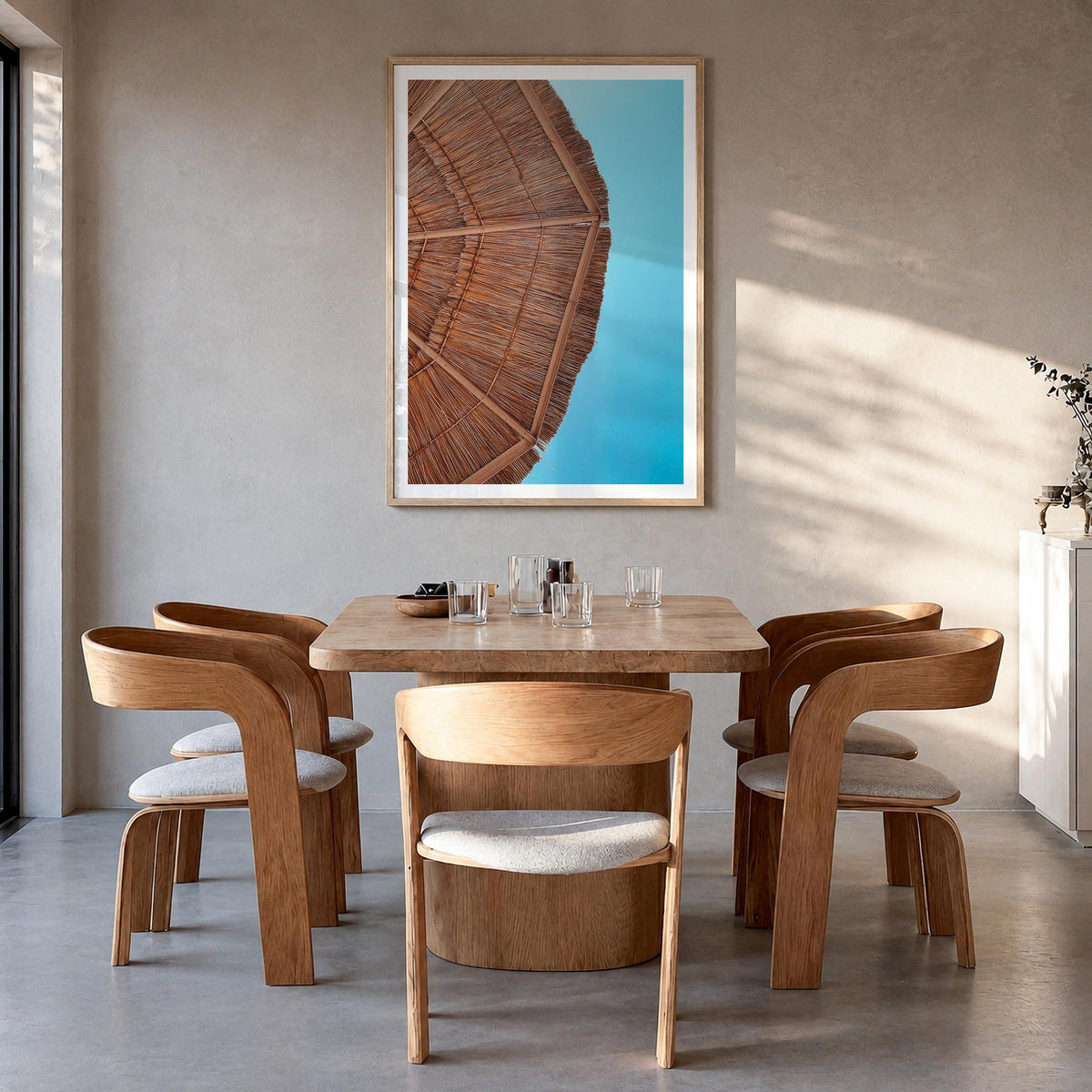 Straw Umbrella colorful photo poster – vertical wall art in natural wood frame with white border, hanging on wall