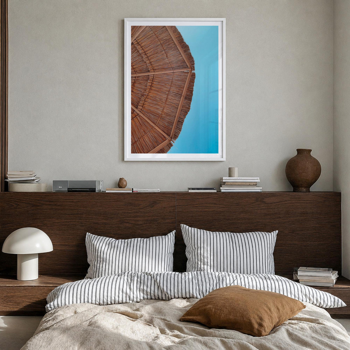 Straw Umbrella colorful photo poster – vertical wall art in white wood frame with white border, hanging on wall