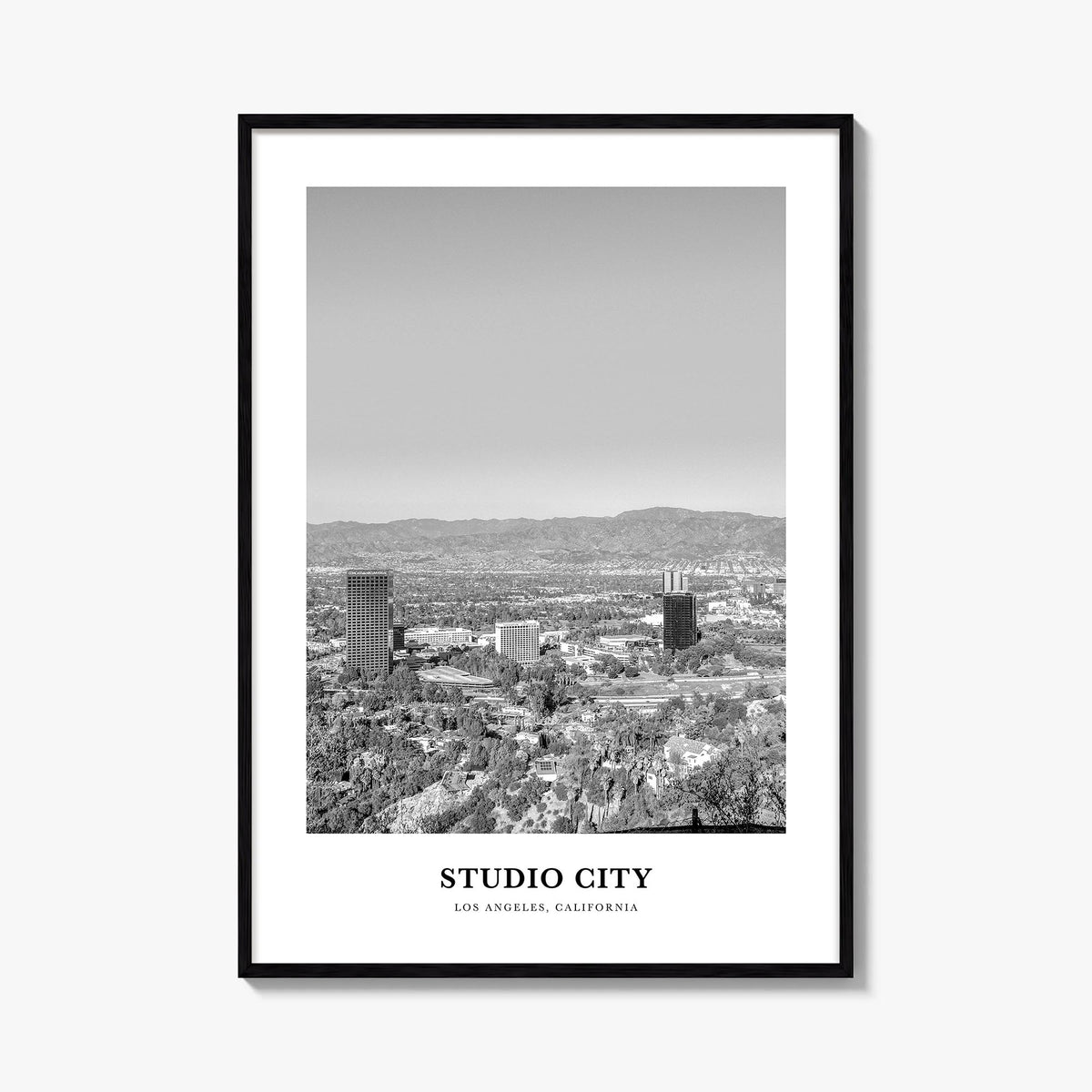 Studio City black & white classic poster of Los Angeles, California – vertical wall art, unframed print shown in interior moc