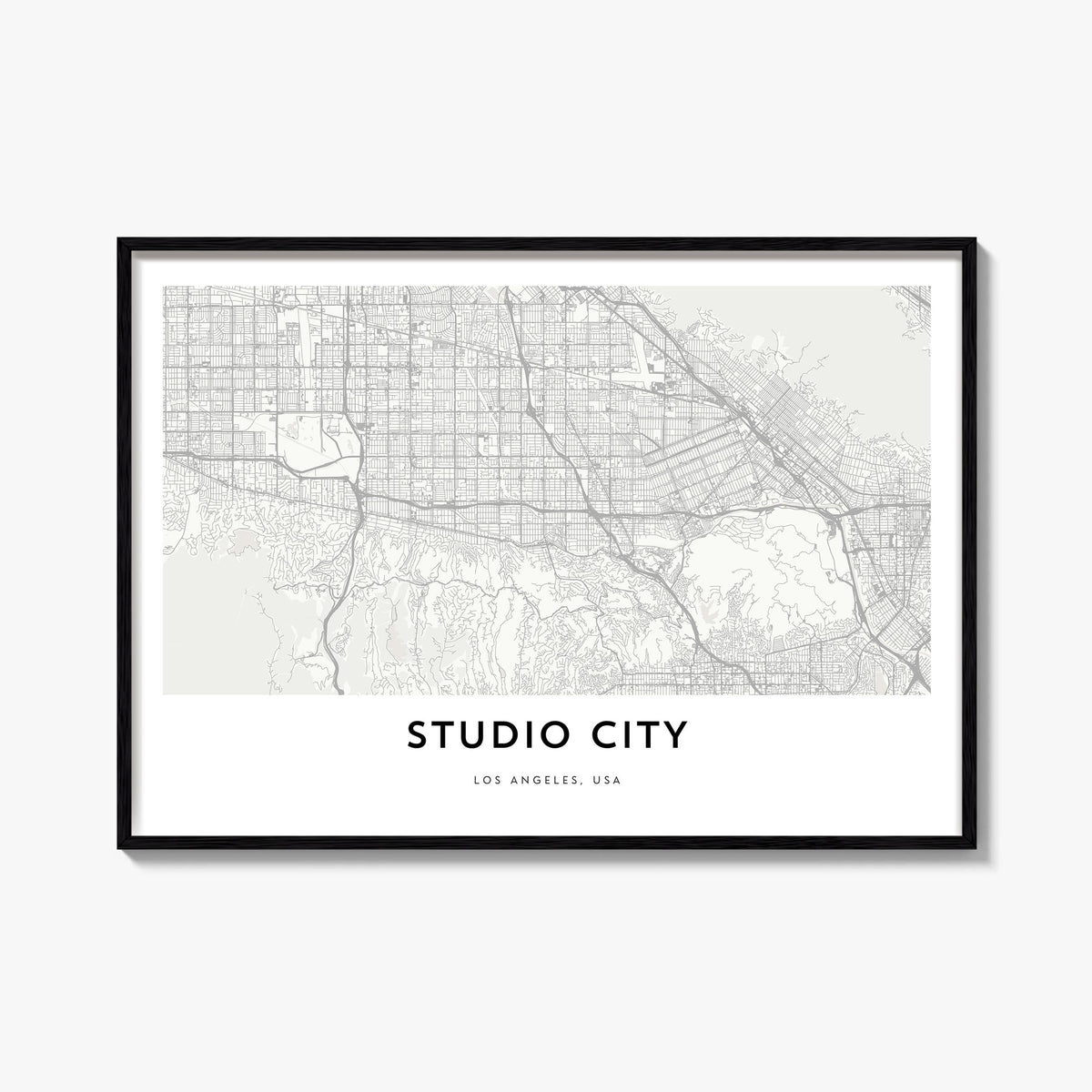 Studio City black & white map poster of Los Angeles, California – horizontal wall art, unframed print shown in interior mocku
