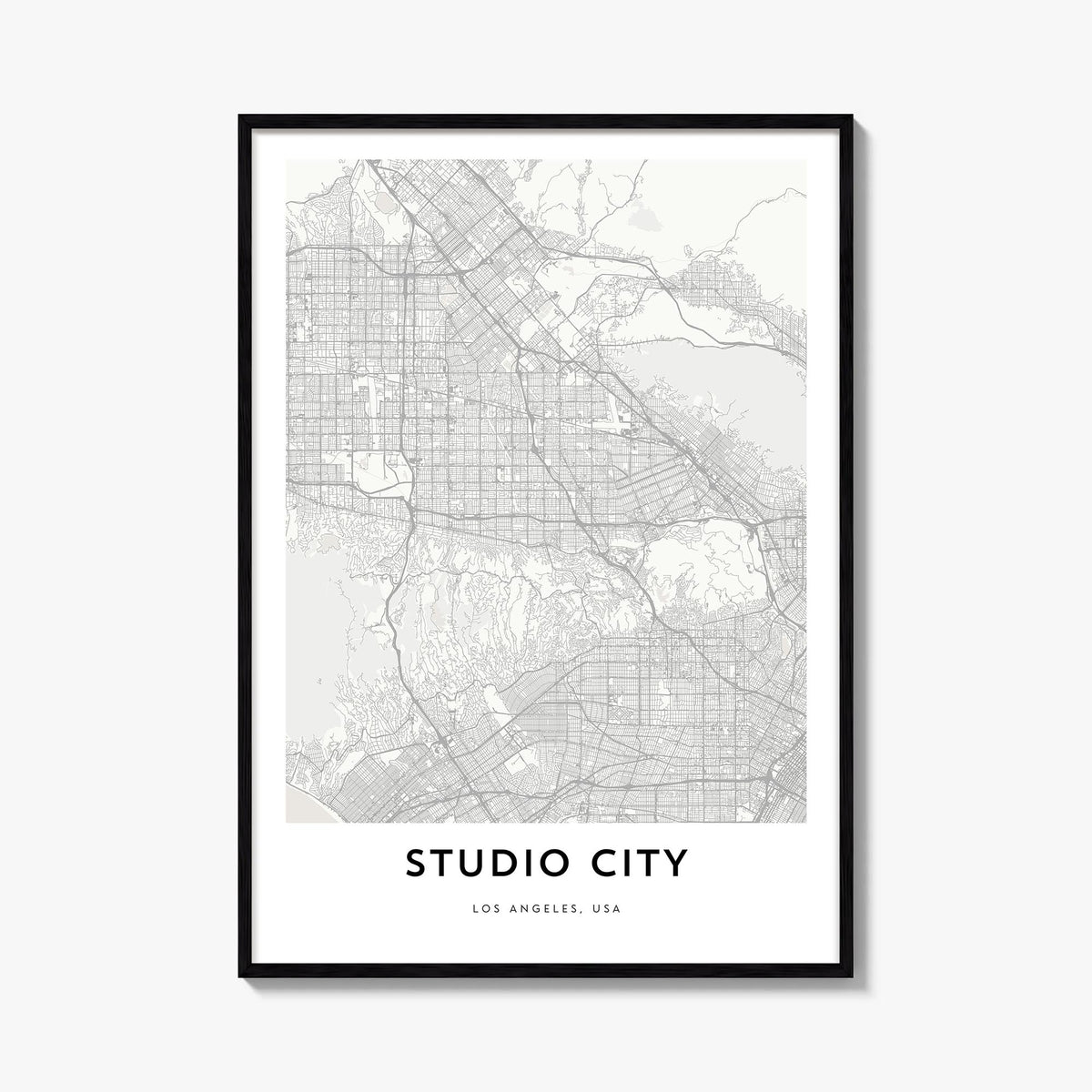 Studio City black & white map poster of Los Angeles, California – vertical wall art, unframed print shown in interior mockup