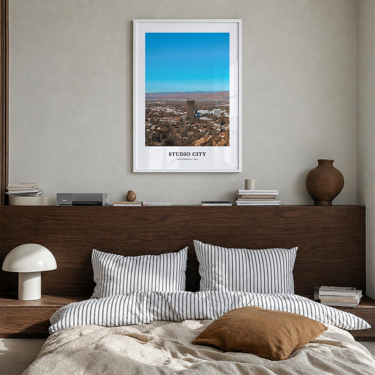Studio City colorful classic poster of Los Angeles, California – vertical wall art in white wood frame, hanging on wall