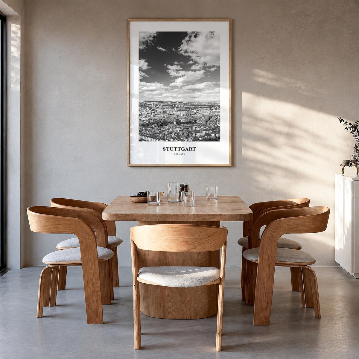 Stuttgart black & white classic poster of Germany – vertical wall art in natural wood frame, hanging on wall