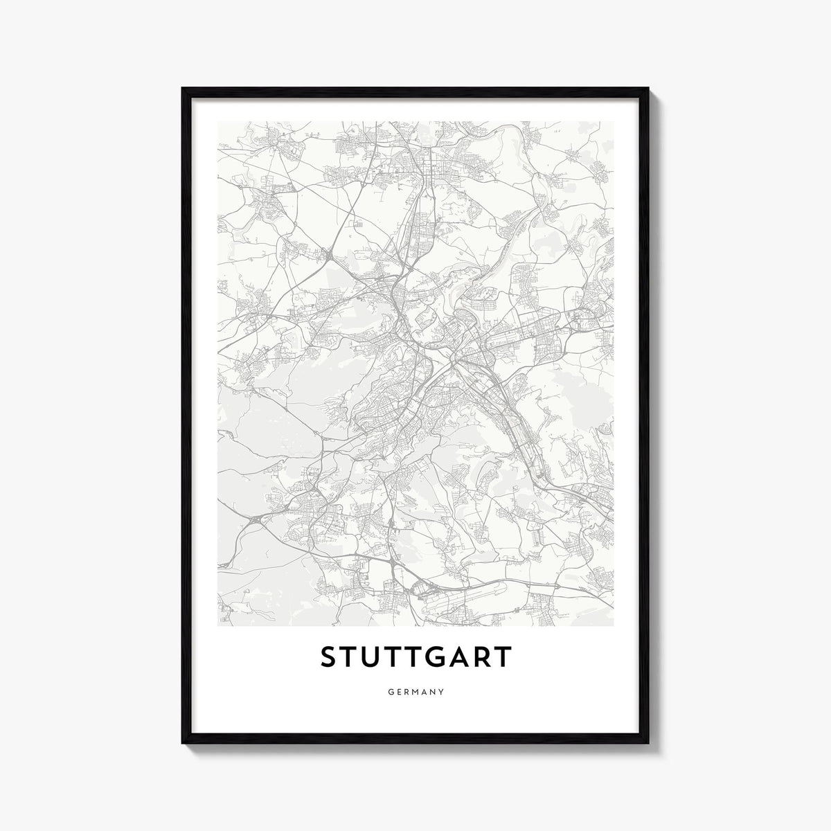 Stuttgart black & white map poster of Germany – vertical wall art, unframed print shown in interior mockup