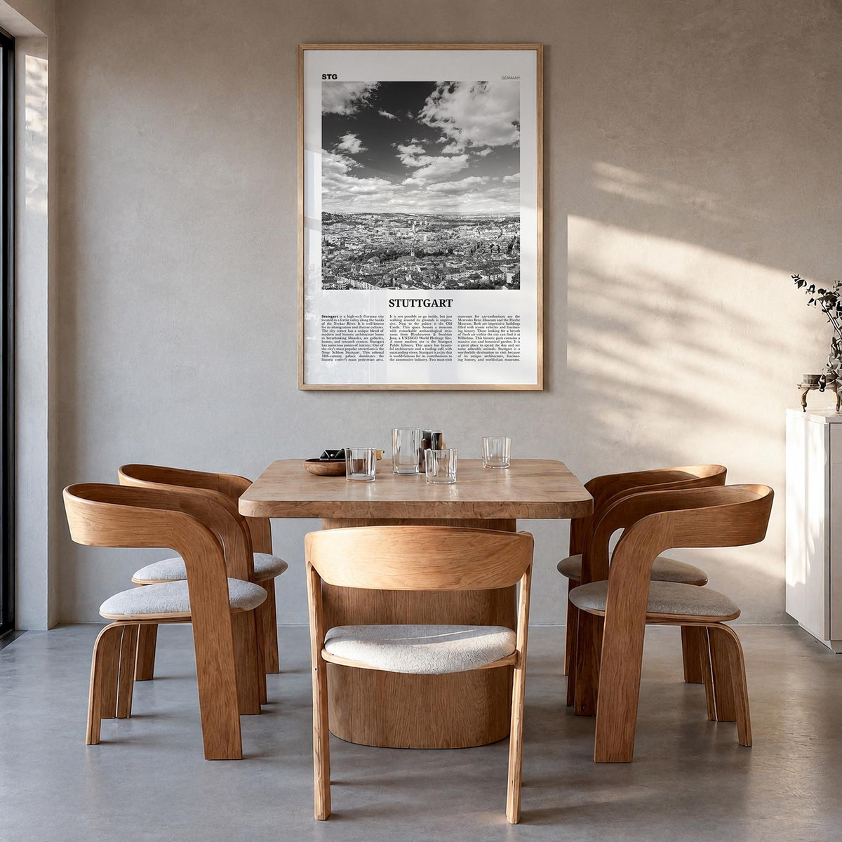 Stuttgart black & white newspaper poster of Germany – vertical wall art in natural wood frame, hanging on wall