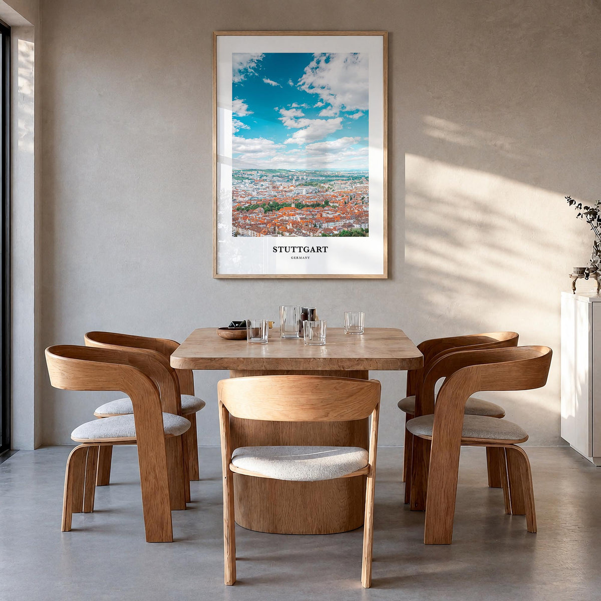 Stuttgart colorful classic poster of Germany – vertical wall art in natural wood frame, hanging on wall
