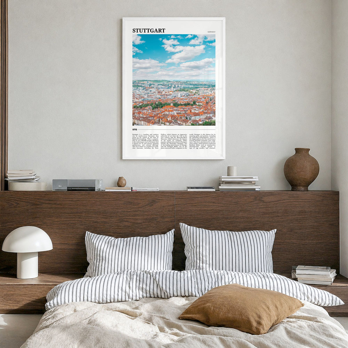 Stuttgart Travel Poster in a white wood frame, hanging in a bedroom