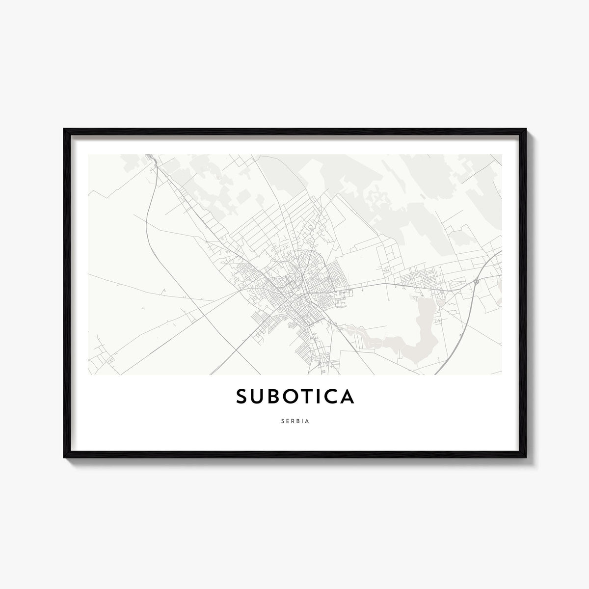 Subotica black & white map poster of Serbia – horizontal wall art, unframed print shown in interior mockup