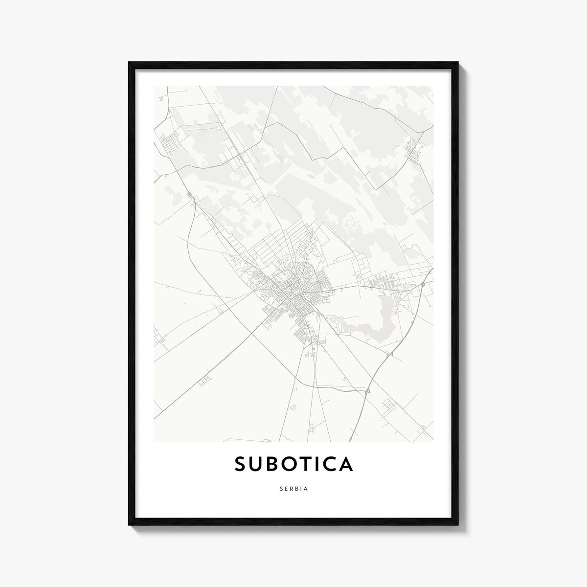 Subotica black & white map poster of Serbia – vertical wall art, unframed print shown in interior mockup