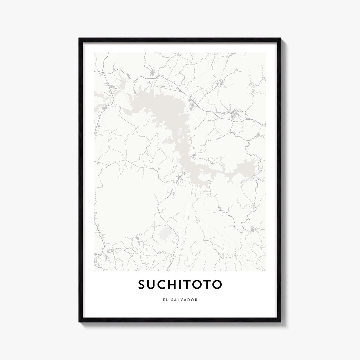 Suchitoto black & white map poster of El Salvador – vertical wall art, unframed print shown in interior mockup