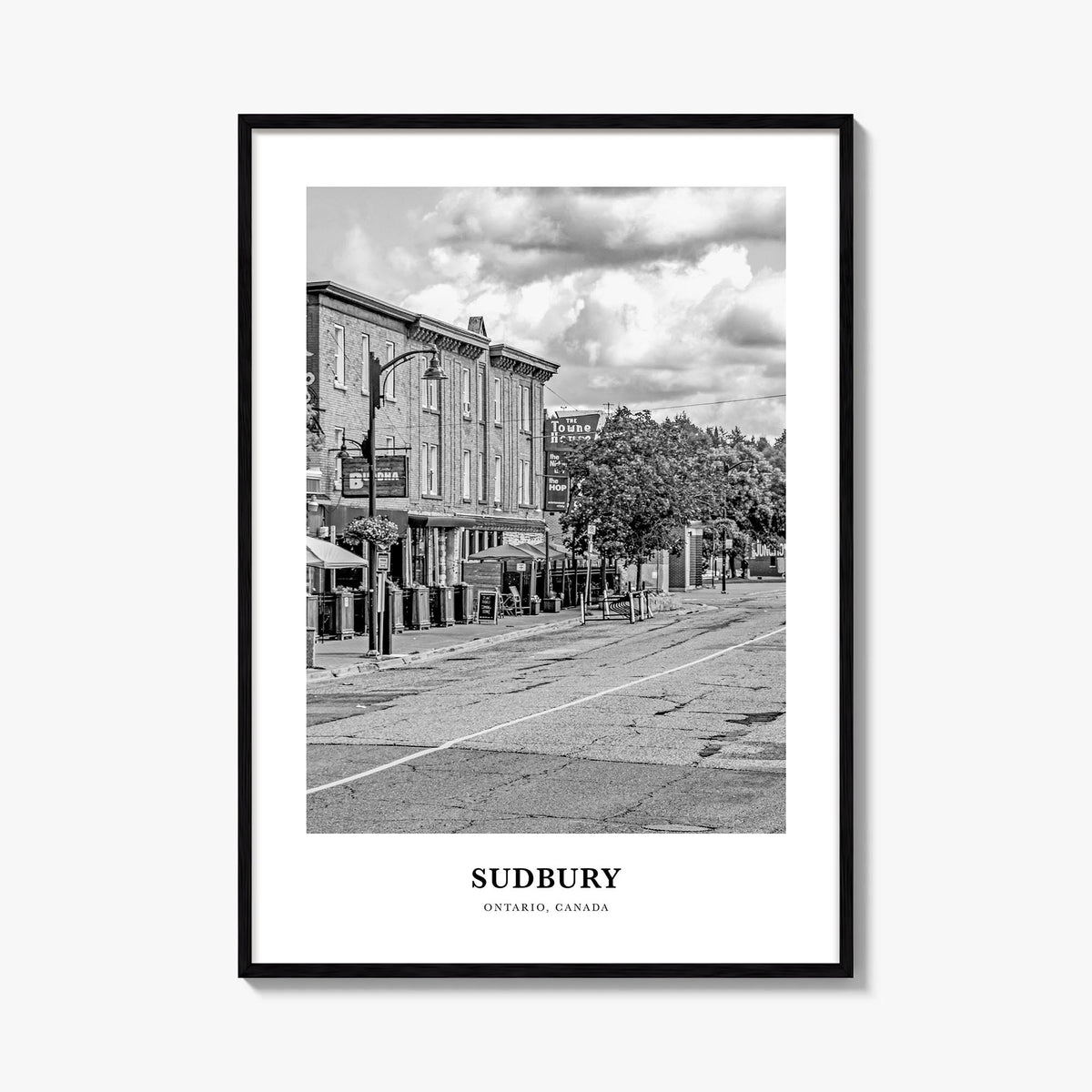 Sudbury black & white classic poster of United Kingdom – vertical wall art, unframed print shown in interior mockup