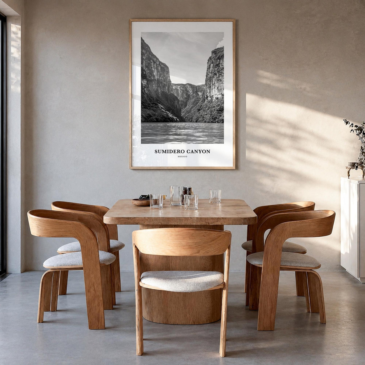 Sumidero Canyon black & white classic poster of Mexico – vertical wall art in natural wood frame, hanging on wall