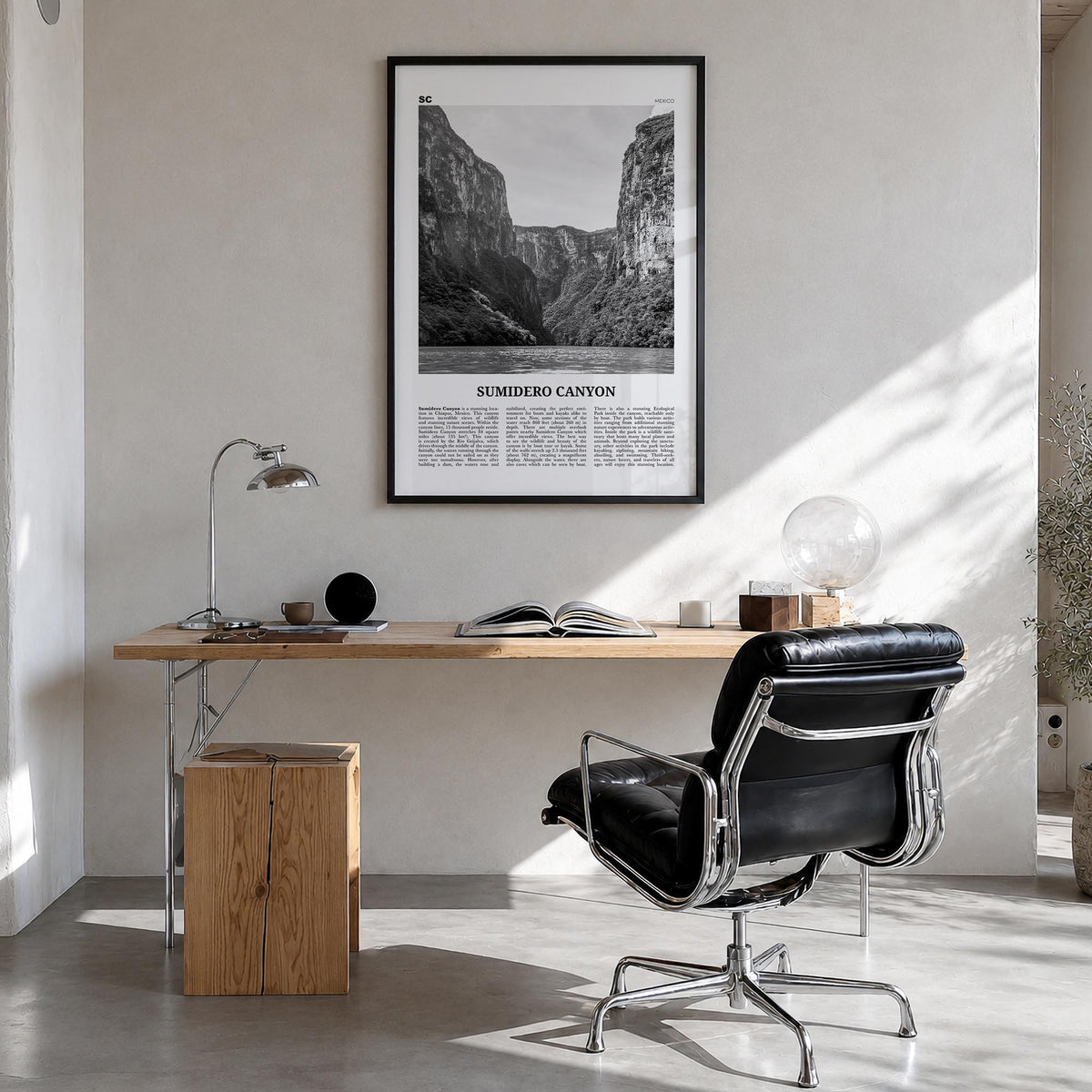 Sumidero Canyon black & white newspaper poster of Mexico – vertical wall art in black wood frame, hanging on wall