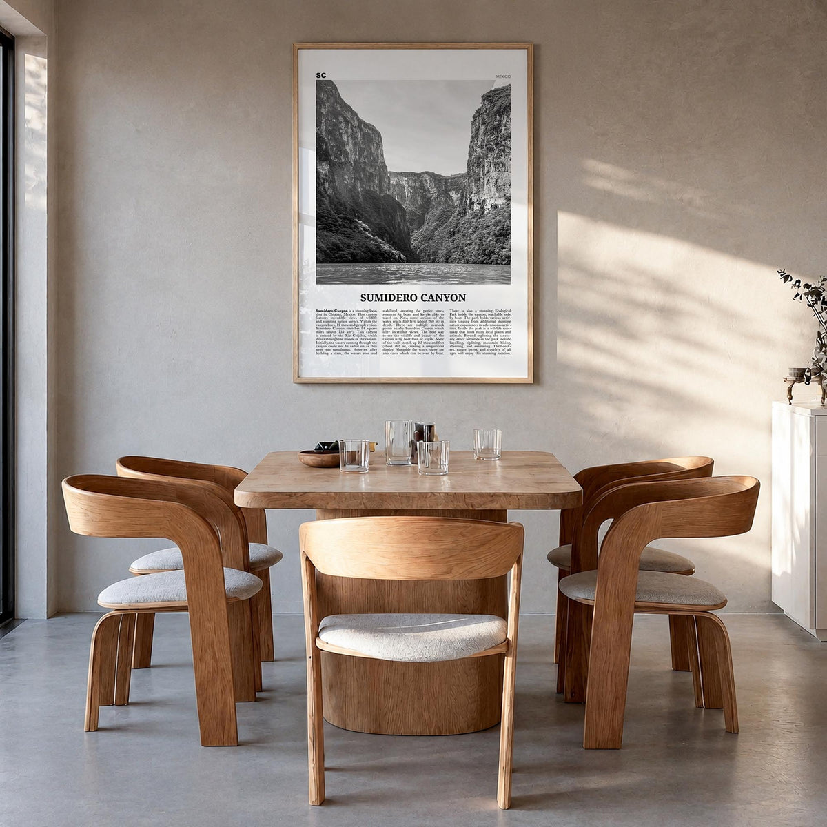 Sumidero Canyon black & white newspaper poster of Mexico – vertical wall art in natural wood frame, hanging on wall