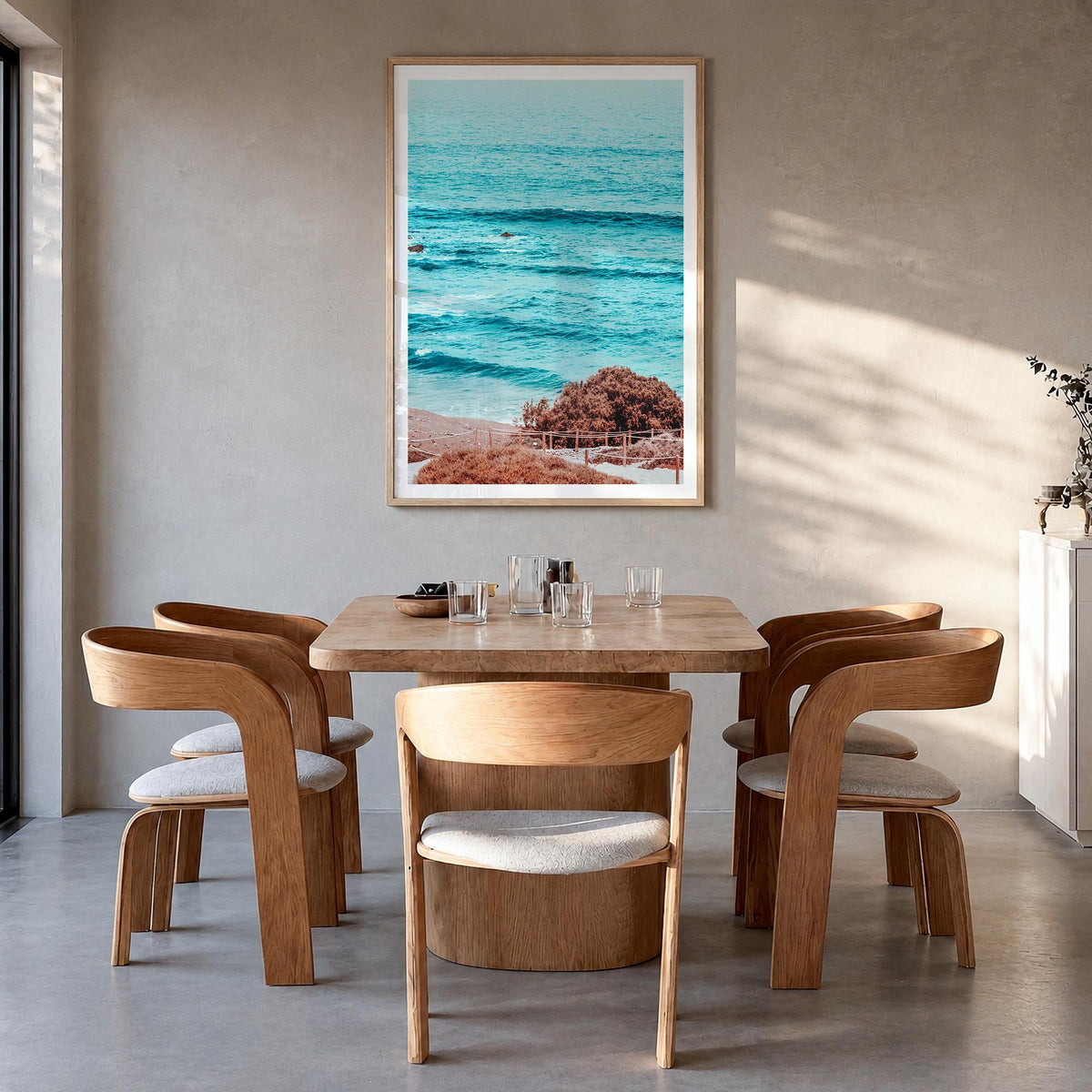 Summer Vibes colorful photo poster – vertical wall art in natural wood frame with white border, hanging on wall