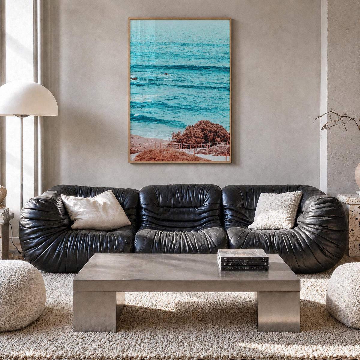 Summer Vibes colorful photo poster – vertical wall art in natural wood frame, hanging on wall