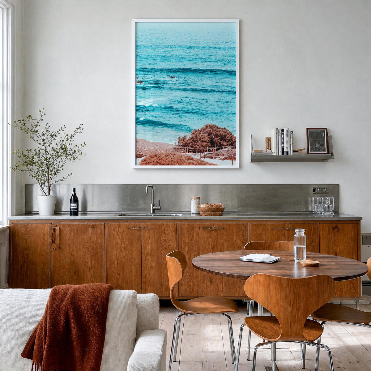 Summer Vibes colorful photo poster – vertical wall art in white wood frame, hanging on wall