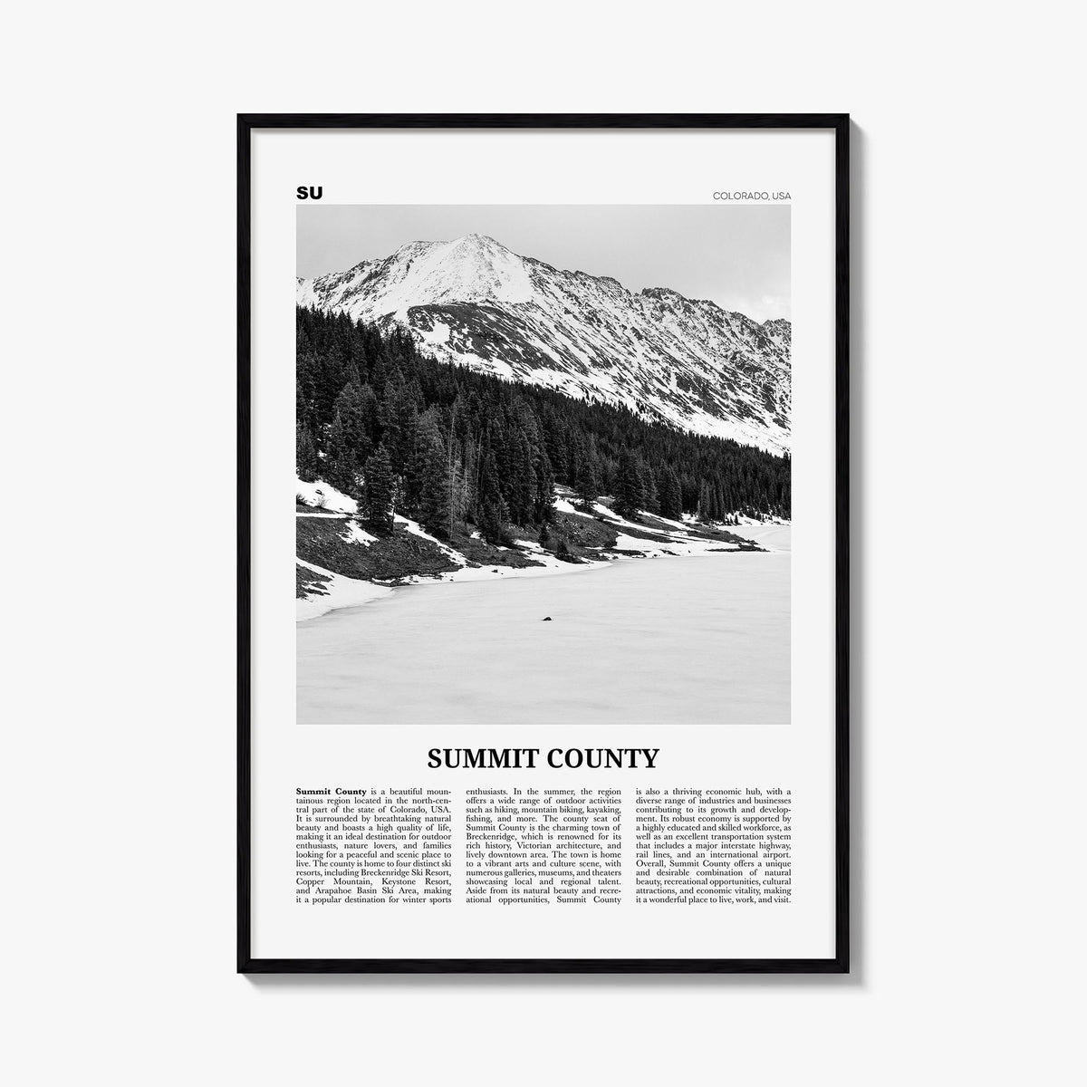 Summit County black & white newspaper poster of Colorado, USA – vertical wall art, unframed print shown in interior mockup