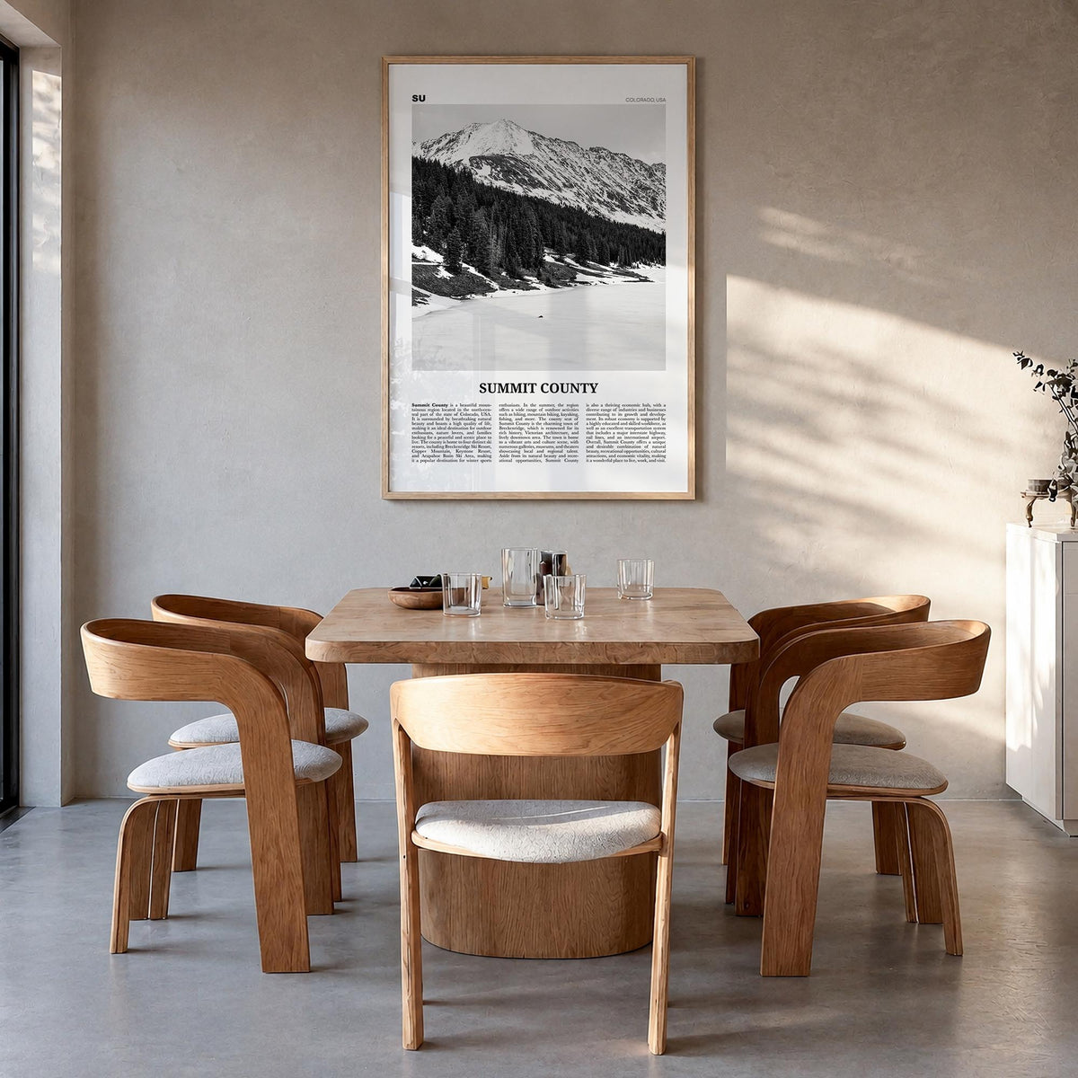 Summit County black & white newspaper poster of Colorado, USA – vertical wall art in natural wood frame, hanging on wall