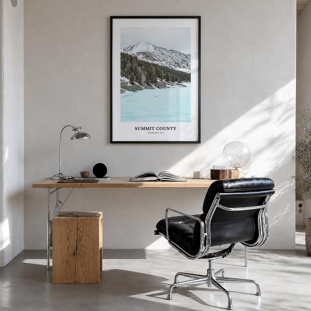 Summit County colorful classic poster of Colorado, USA – vertical wall art in black wood frame, hanging on wall