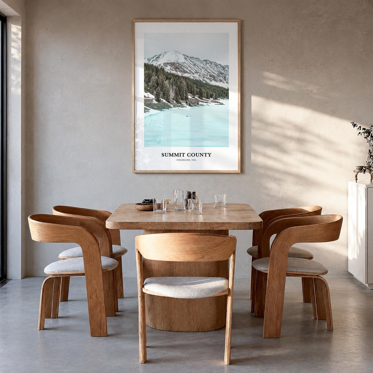 Summit County colorful classic poster of Colorado, USA – vertical wall art in natural wood frame, hanging on wall