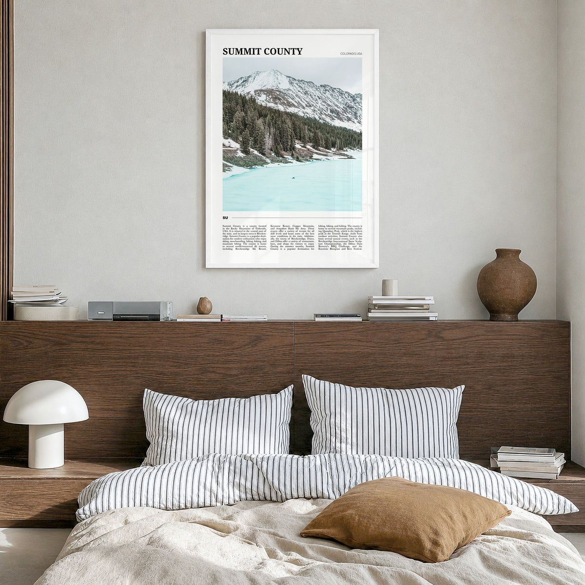 Summit County Travel Poster in a white wood frame, hanging in a bedroom