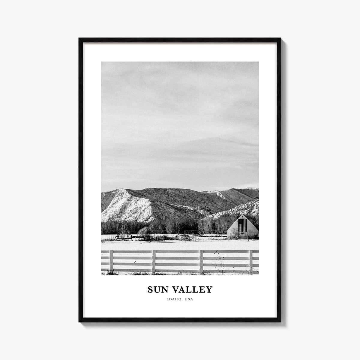 Sun Valley black & white classic poster of Idaho, USA – vertical wall art, unframed print shown in interior mockup