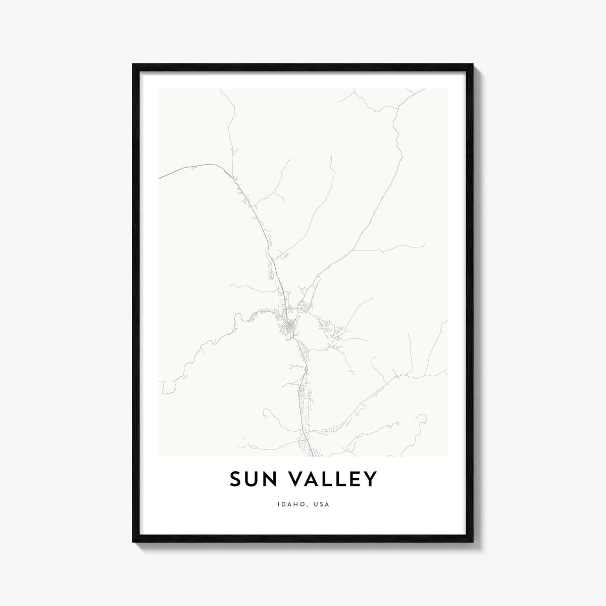 Sun Valley black & white map poster of Idaho, USA – vertical wall art, unframed print shown in interior mockup