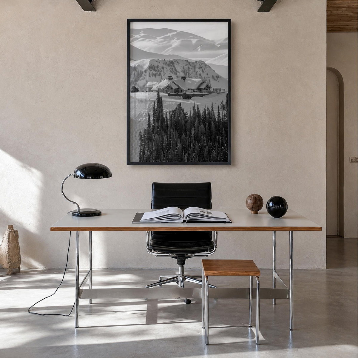 Sun Valley black & white photo poster of Idaho, USA – vertical wall art in black wood frame, hanging on wall