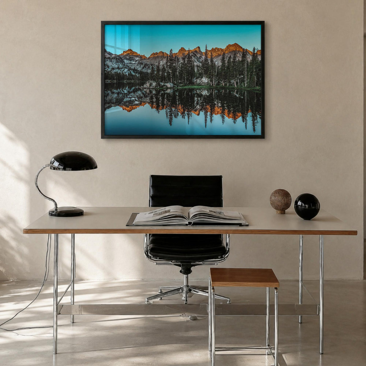 Sun Valley colorful photo poster of Idaho, USA – horizontal wall art in black wood frame, hanging on wall