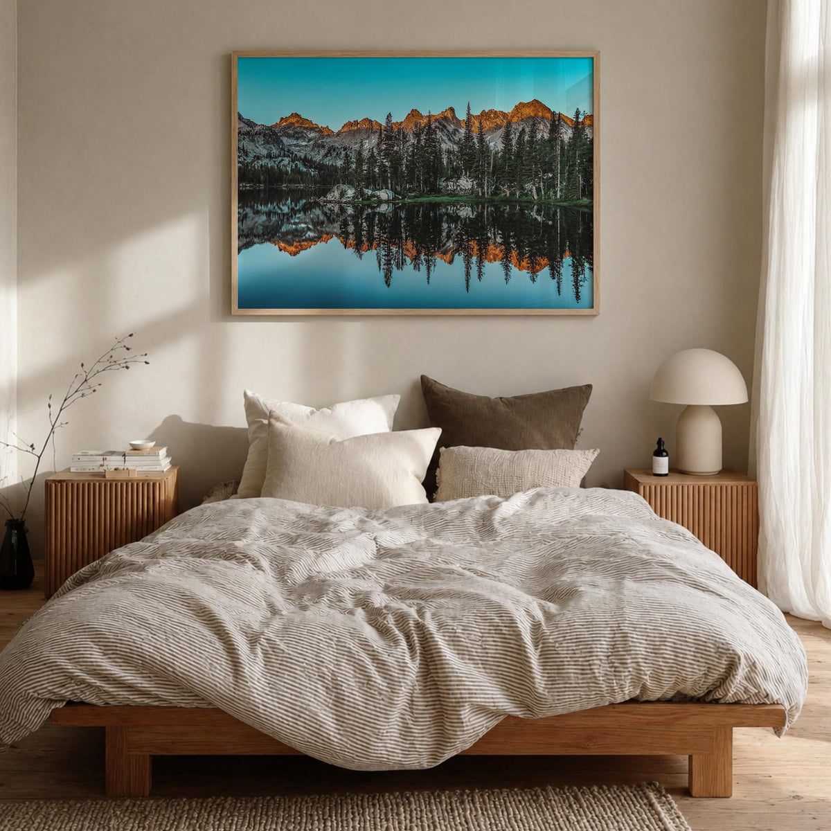 Sun Valley colorful photo poster of Idaho, USA – horizontal wall art in natural wood frame, hanging on wall