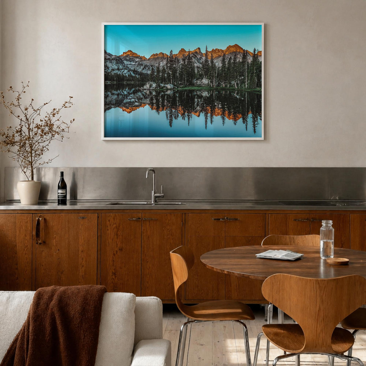 Sun Valley colorful photo poster of Idaho, USA – horizontal wall art in white wood frame, hanging on wall